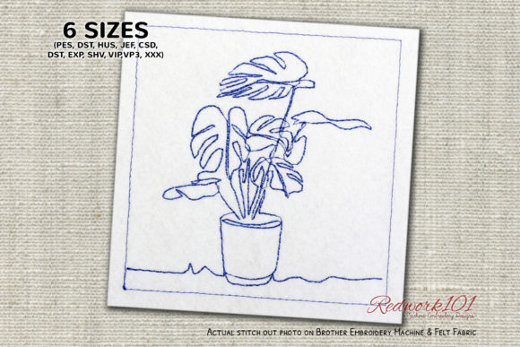 Potted Monstera Plant Redwork