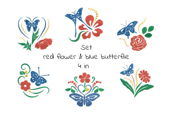 Red Flowers & Blue Butterflies Embroidery Set